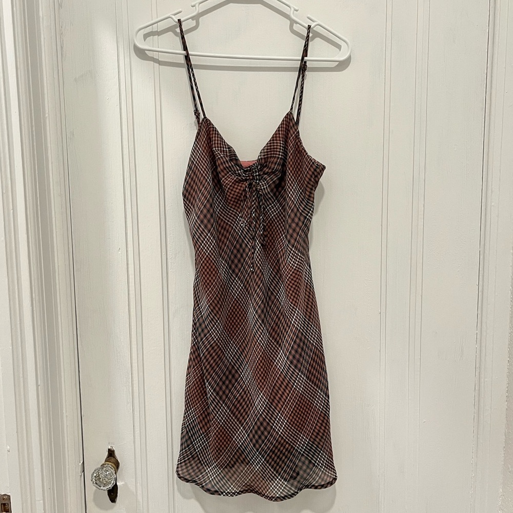 Urban Outfitters Sheer Plaid Mini Dress, M
